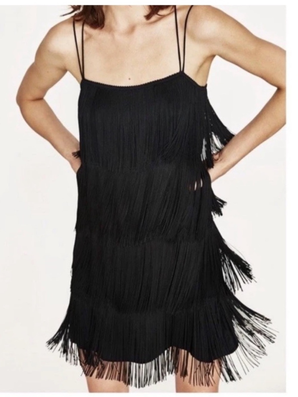 Zara Black Fringe Flapper Mini Dress XS Tiered Party 1920s Gatsby Roaring 20s